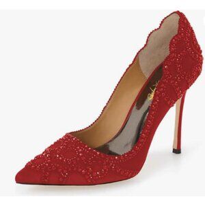 XYD Red Rhinestone Crystals Stiletto Heels for Wedding Bridal Pointed Toe Pumps